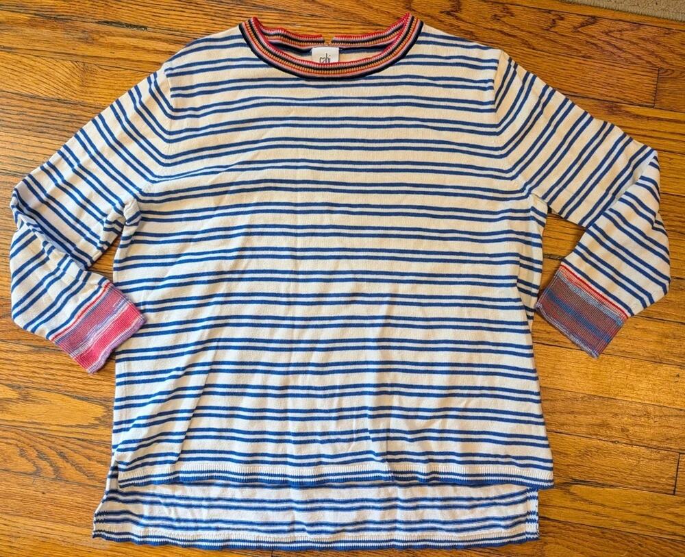 Cabi Striped Crew‎ Neck Pullover Sweater Blue Cream Red Long Sleeve Small